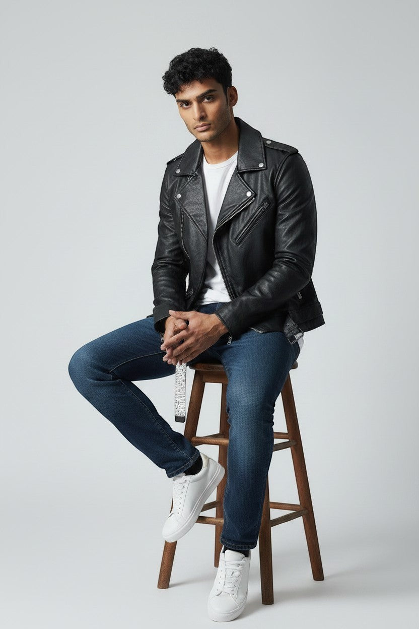 Man wearing a black Scarlett Stitch leather biker jacket with silver hardware, white t-shirt, and blue jeans on a stool