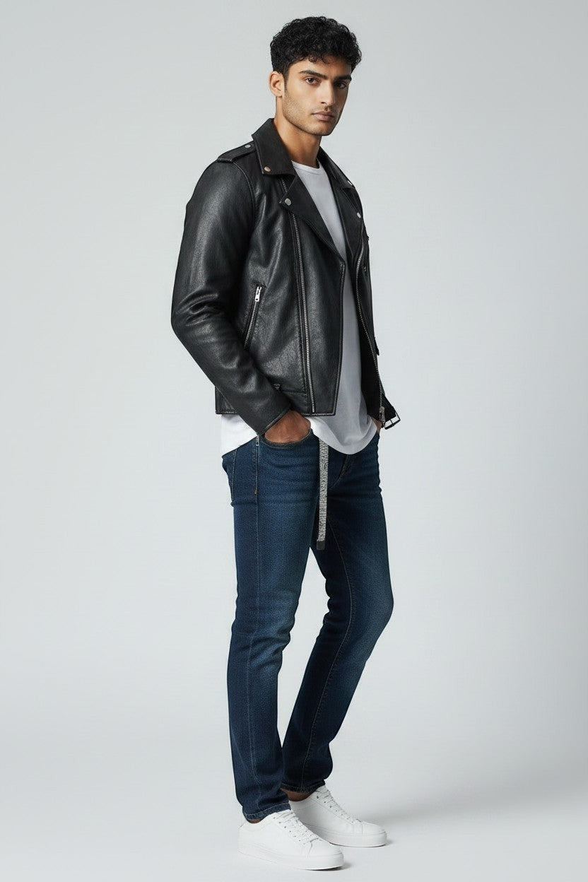 Man wearing a black Scarlett Stitch leather biker jacket with silver hardware, white t-shirt, and dark blue jeans.