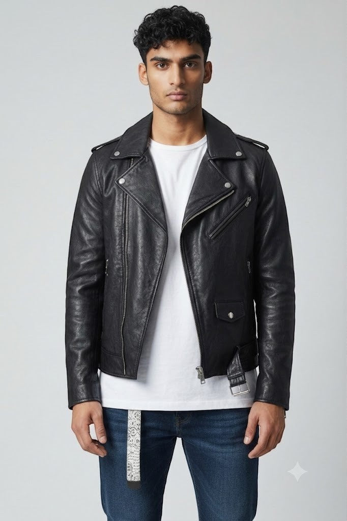 Model wearing a black Scarlett Stitch leather biker jacket with silver hardware, white tee, and blue jeans.