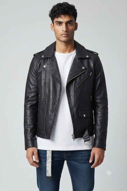 Model wearing a black Scarlett Stitch leather biker jacket with silver hardware, white tee, and blue jeans.