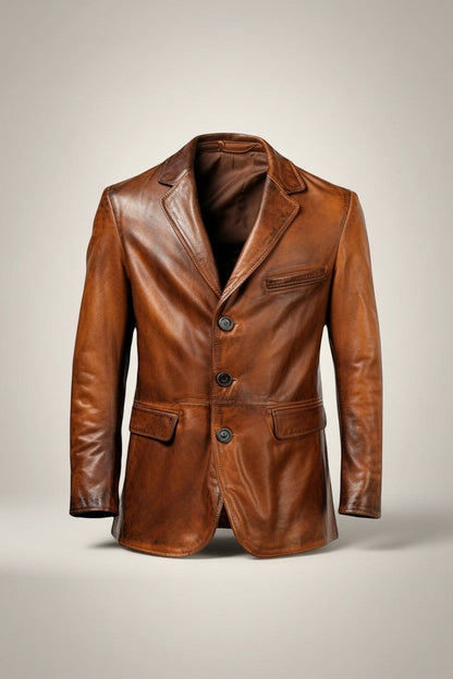 Scarlett Stitch men's genuine leather blazer in warm brown. Features notched lapel, three-button closure, chest pocket, and flap pockets.