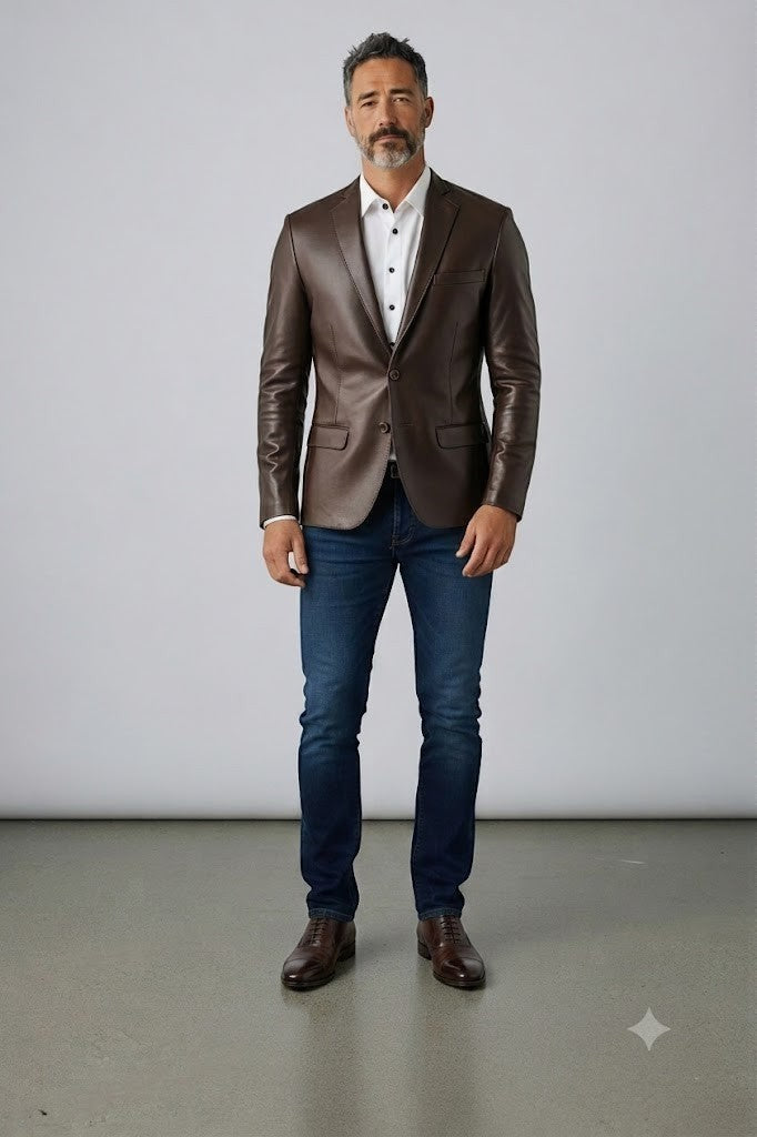 Man wearing a Scarlett Stitch dark brown leather blazer with a white shirt and blue jeans against a grey background.