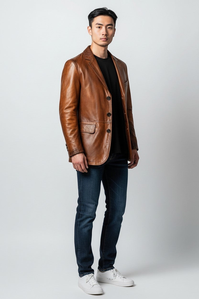 Scarlett Stitch Men's genuine leather blazer jacket in warm brown with notched lapel and three-button closure.