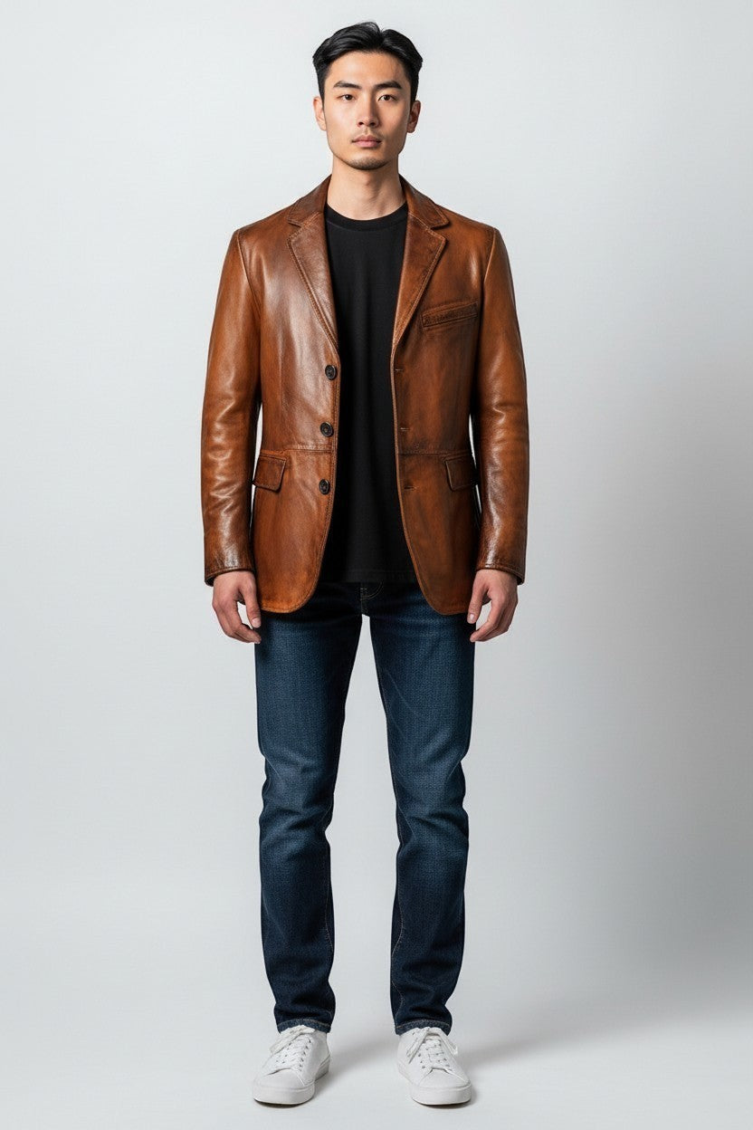 Scarlett Stitch Men's Genuine Leather Blazer Jacket in warm brown, featuring a notched lapel, three-button closure, and chest pocket.