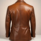 Scarlett Stitch Men's Genuine Leather Blazer Jacket in warm brown. Features notched lapel, button cuffs, and flap pockets.