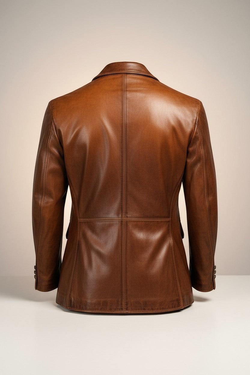 Scarlett Stitch Men's Genuine Leather Blazer Jacket in warm brown. Features notched lapel, button cuffs, and flap pockets.