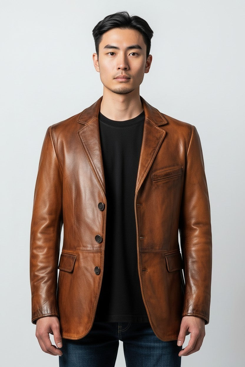 Scarlett Stitch Men's genuine leather blazer jacket in warm brown with notched lapel and three-button closure.
