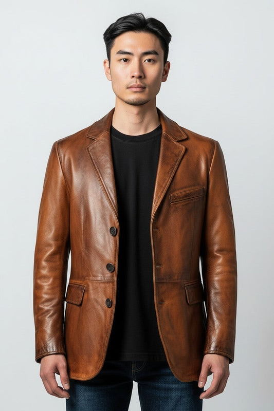 Scarlett Stitch Men's genuine leather blazer jacket in warm brown with notched lapel and three-button closure.