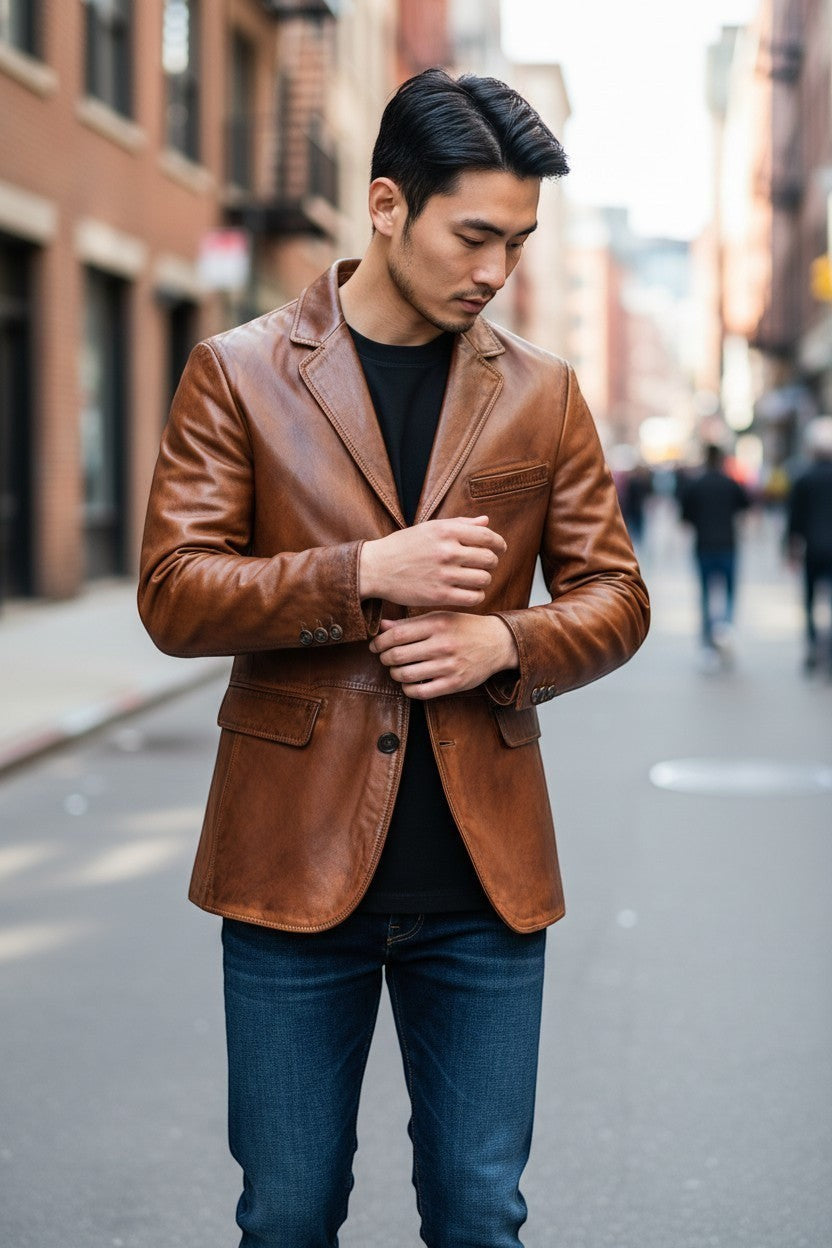 Scarlett Stitch Men's genuine leather blazer jacket in warm brown, featuring a notched lapel and button closure.