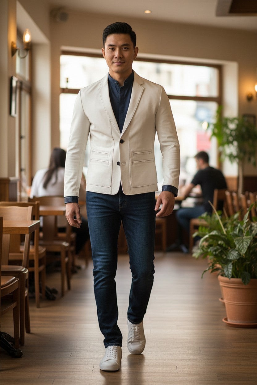 Man wearing a Scarlett Stitch off-white leather blazer with a navy shirt and jeans in a cafe setting.