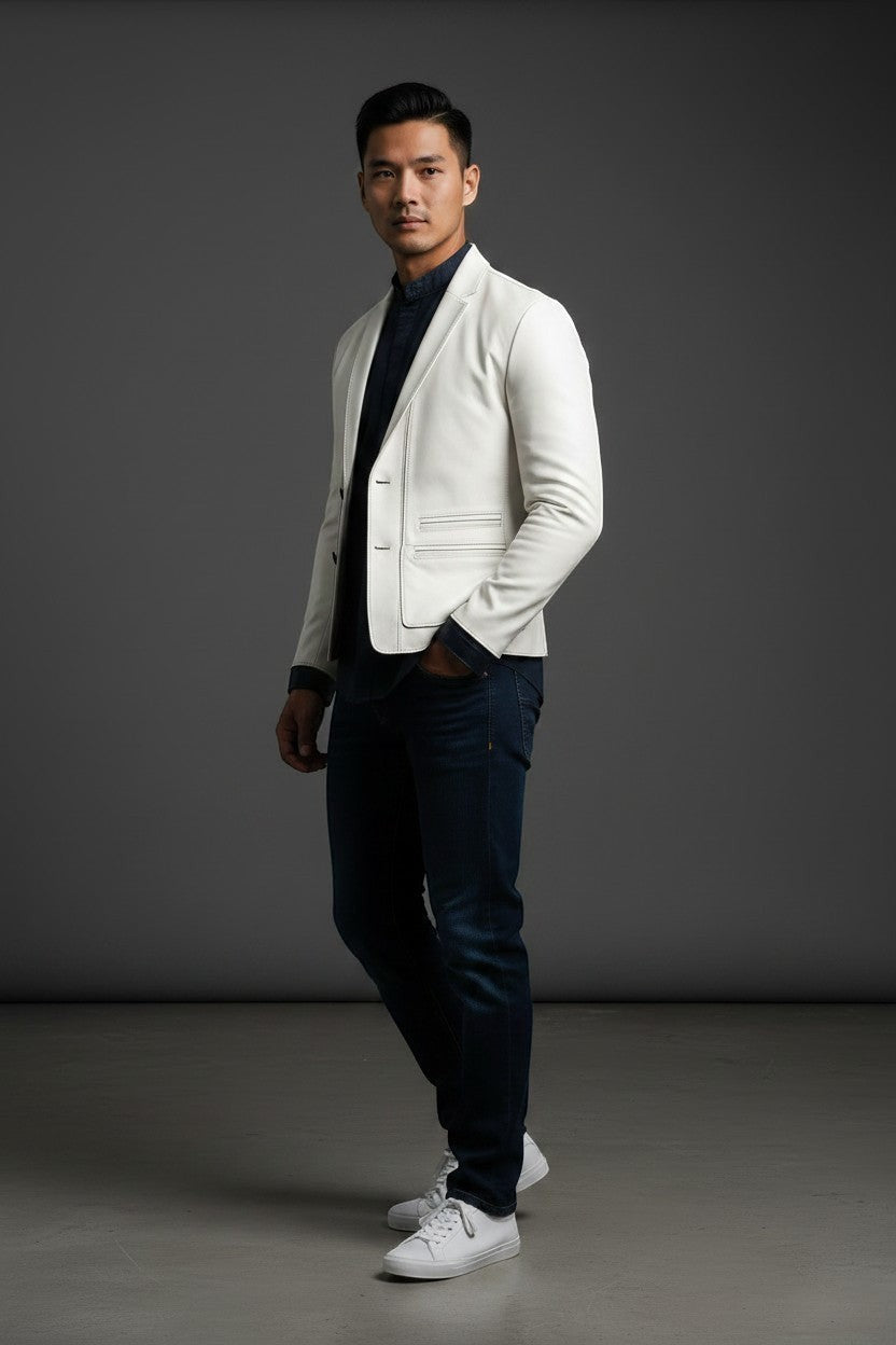 Man wearing a Scarlett Stitch off-white leather blazer with a dark shirt, jeans, and white sneakers in studio.