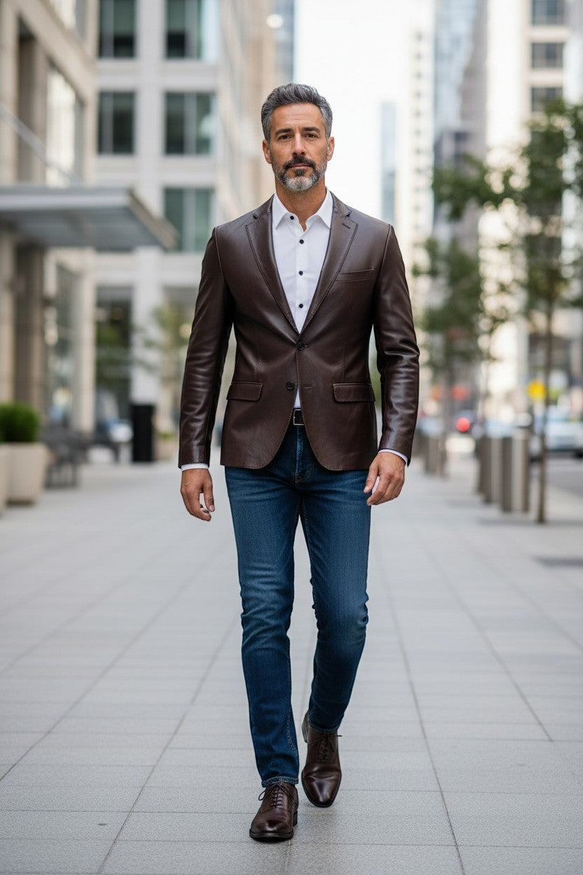 Man wearing a Scarlett Stitch dark brown leather blazer with a white shirt and jeans on a city street.