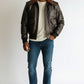 Scarlett Stitch Men's distressed brown real leather aviator bomber jacket with wool collar and flap pockets.