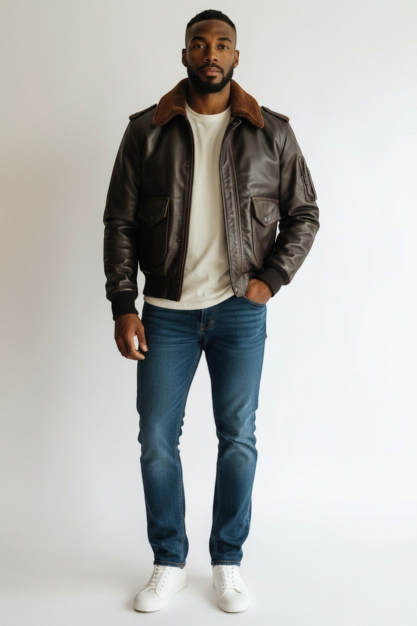 Scarlett Stitch Men's distressed brown real leather aviator bomber jacket with wool collar and flap pockets.