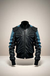 Scarlett Stitch men's black leather bomber jacket with blue accents on sleeves and shoulders, ribbed cuffs and hem.