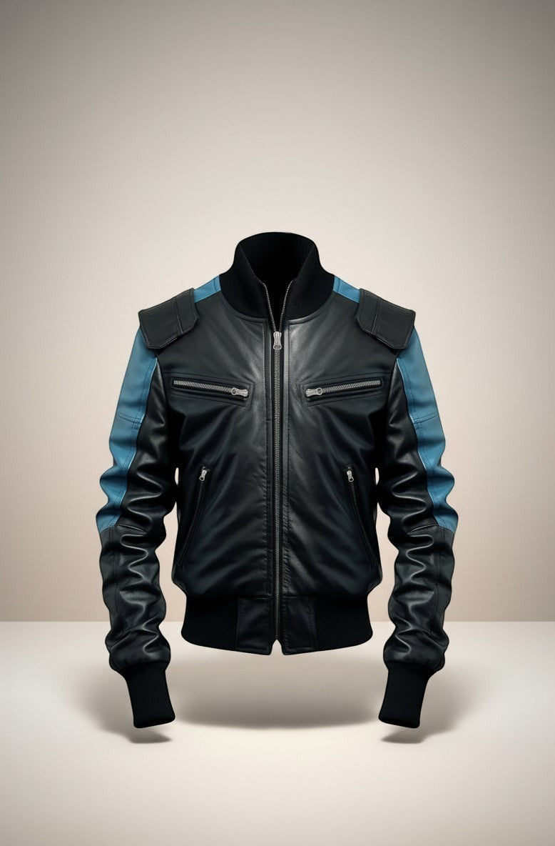 Scarlett Stitch men's black leather bomber jacket with blue accents on sleeves and shoulders, ribbed cuffs and hem.