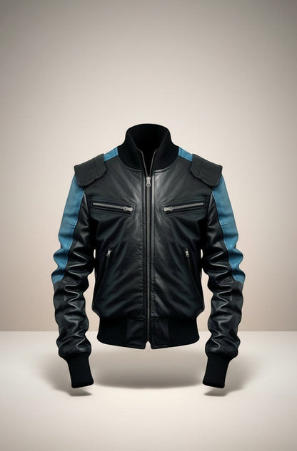 Scarlett Stitch men's black leather bomber jacket with blue accents on sleeves and shoulders, ribbed cuffs and hem.