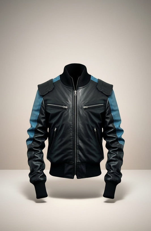 Scarlett Stitch men's black leather bomber jacket with blue accents on sleeves and shoulders, ribbed cuffs and hem.
