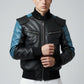 Scarlett Stitch men's black and blue leather bomber jacket with ribbed cuffs and collar, and distinctive shoulder detailing.