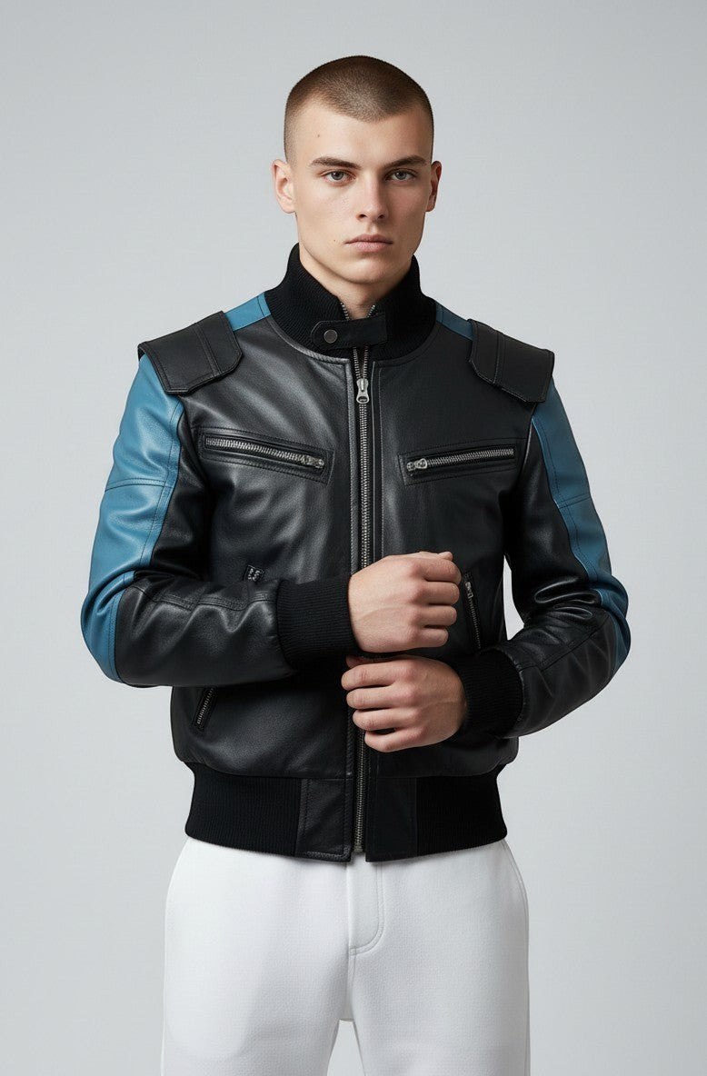 Scarlett Stitch men's black and blue leather bomber jacket with ribbed cuffs and collar, and distinctive shoulder detailing.