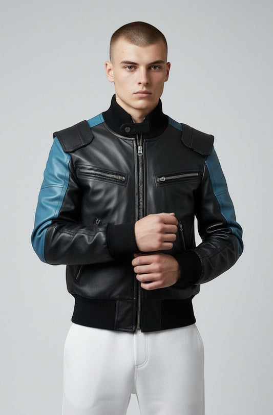 Scarlett Stitch men's black and blue leather bomber jacket with ribbed cuffs and collar, and distinctive shoulder detailing.