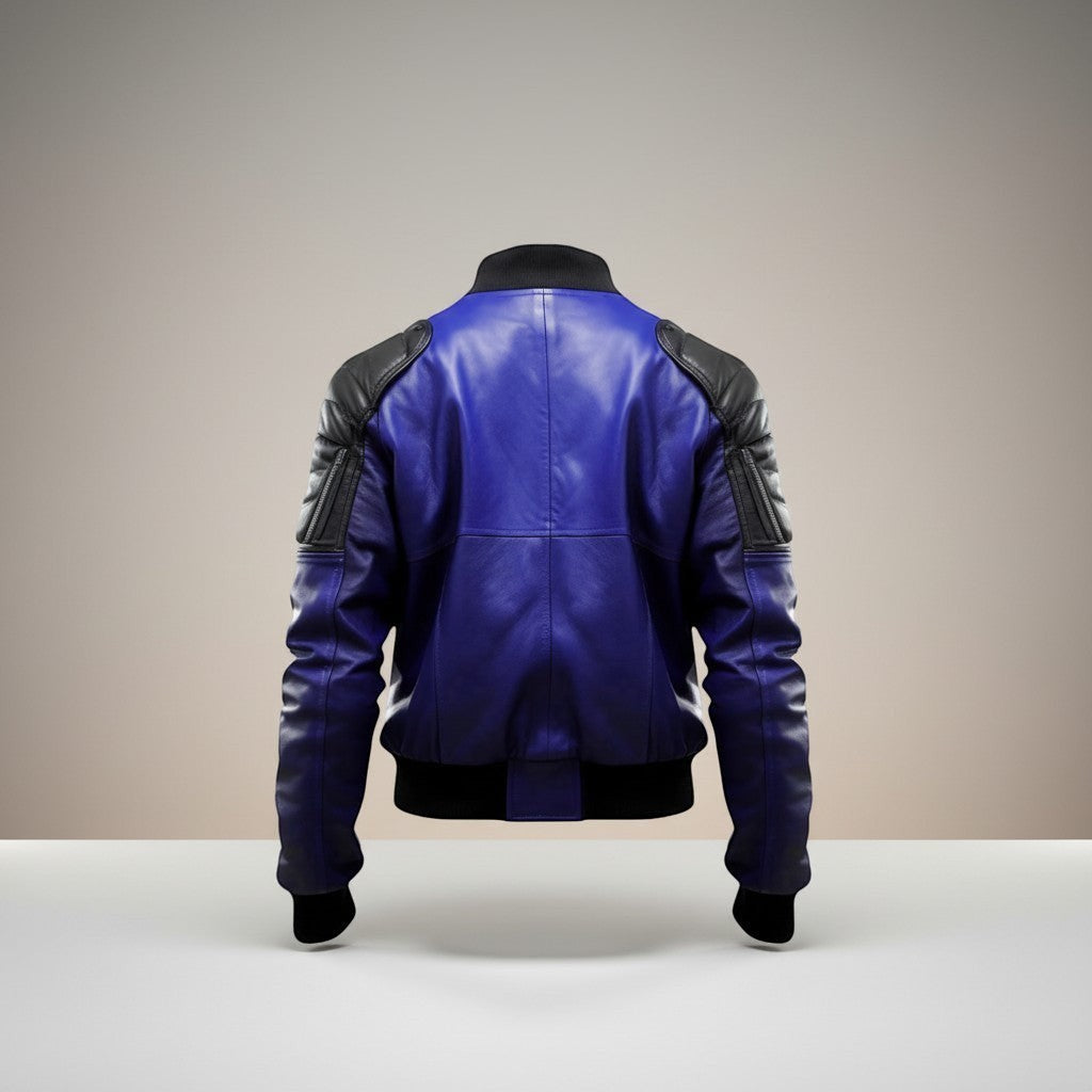 Scarlett Stitch Men's royal blue genuine leather bomber jacket with black quilted shoulder accents and ribbed cuffs.