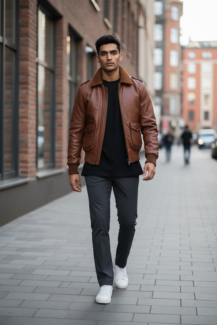 Scarlett Stitch Men's genuine leather bomber jacket in rich brown with ribbed collar, cuffs, and hem. Features zip front, flap pockets, and epaulets.