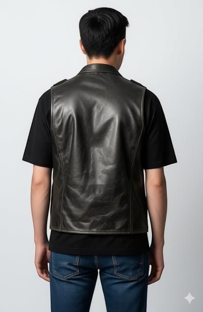 Back view of a man wearing a Scarlett Stitch distressed rust brown leather military vest over a black t-shirt.