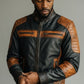 Scarlett Stitch men's two-tone black and distressed brown leather cafe racer jacket with quilted shoulder detailing.