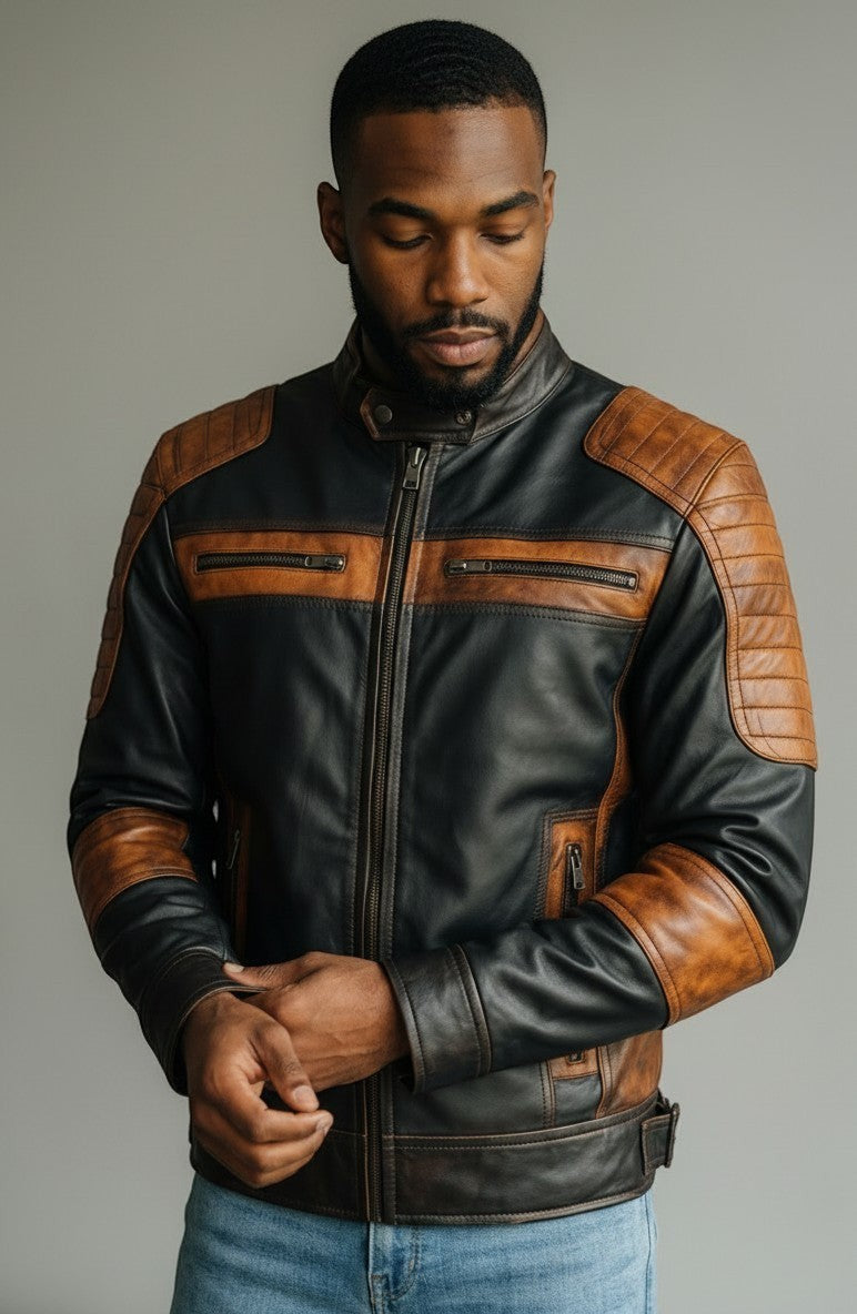 Scarlett Stitch men's two-tone black and distressed brown leather cafe racer jacket with quilted shoulder detailing.