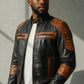 Scarlett Stitch men's two-tone black and distressed brown leather motorcycle jacket with quilted shoulder detailing.