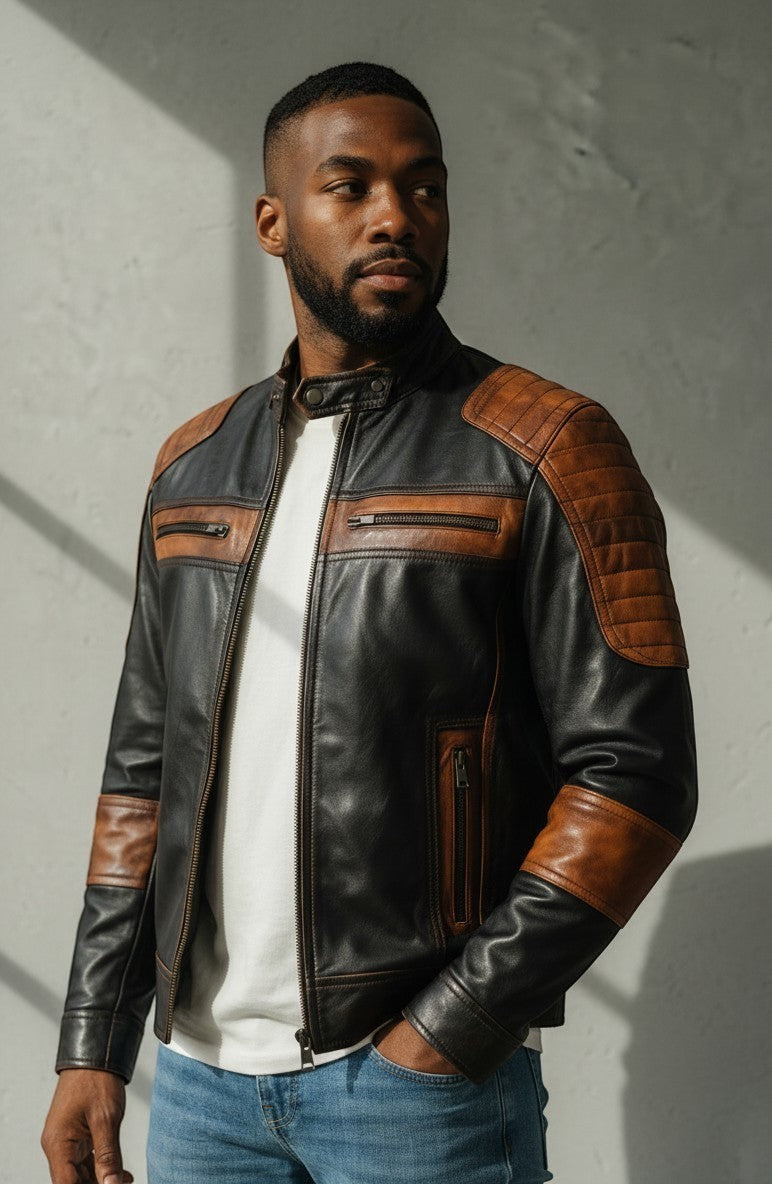 Scarlett Stitch men's two-tone black and distressed brown leather motorcycle jacket with quilted shoulder detailing.