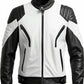 Scarlett Stitch men's black and white leather motorcycle jacket with quilted shoulder panels and zippered pockets.