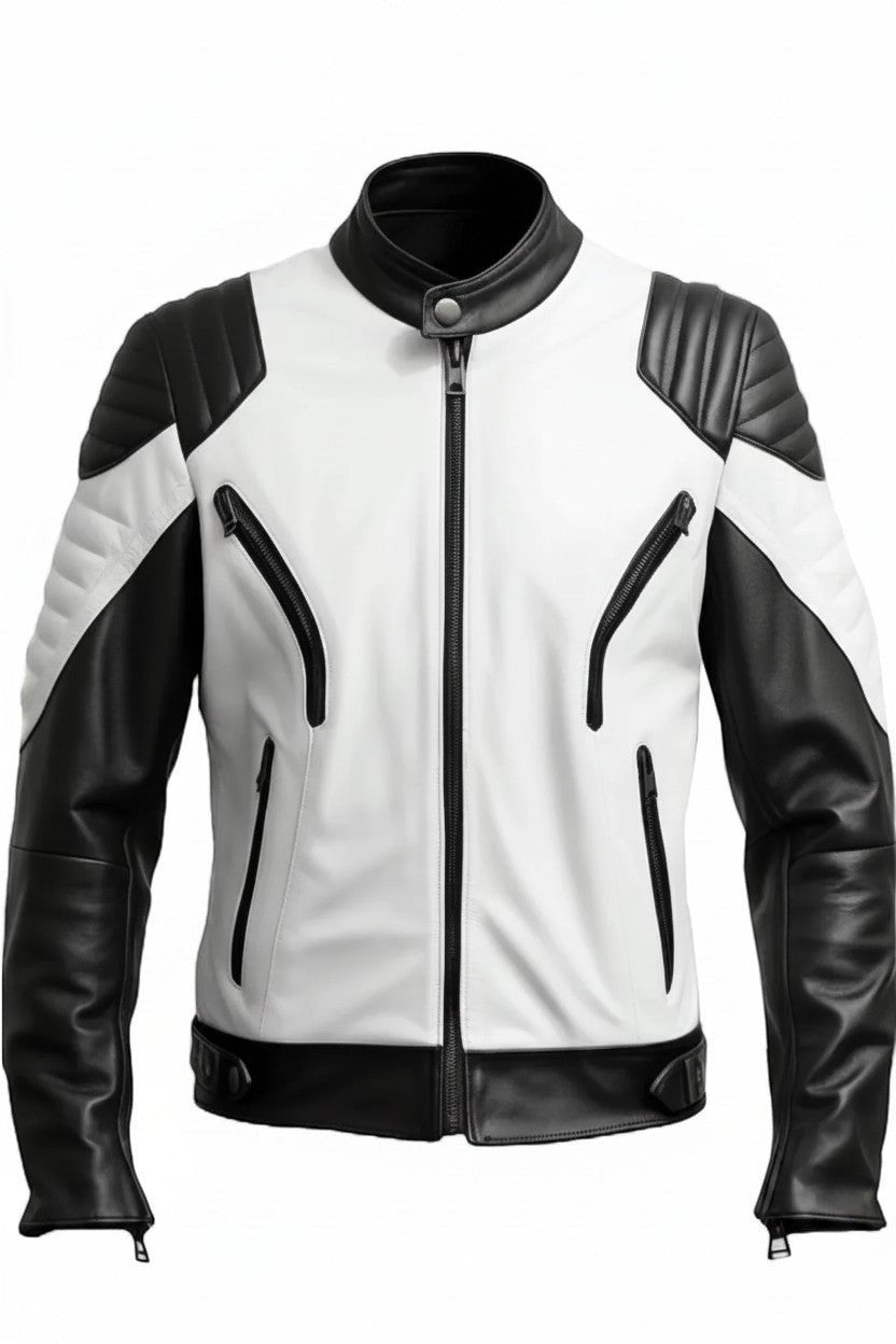 Scarlett Stitch men's black and white leather motorcycle jacket with quilted shoulder panels and zippered pockets.