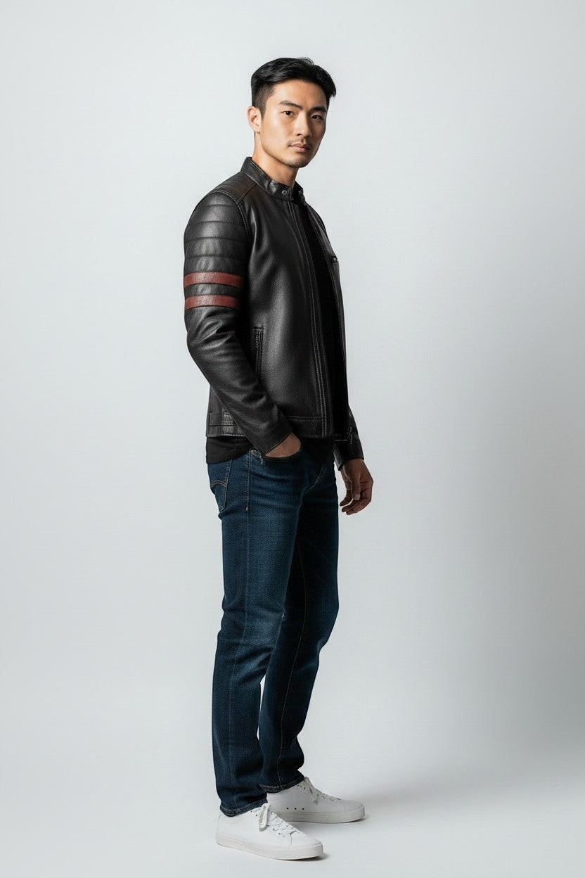 Scarlett Stitch men's black leather racer jacket with red sleeve stripes, worn by a model with jeans and white sneakers.