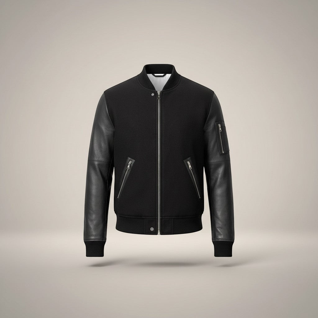 Scarlett Stitch Men's black bomber jacket with genuine leather sleeves, ribbed collar, cuffs, hem, and zippered pockets.