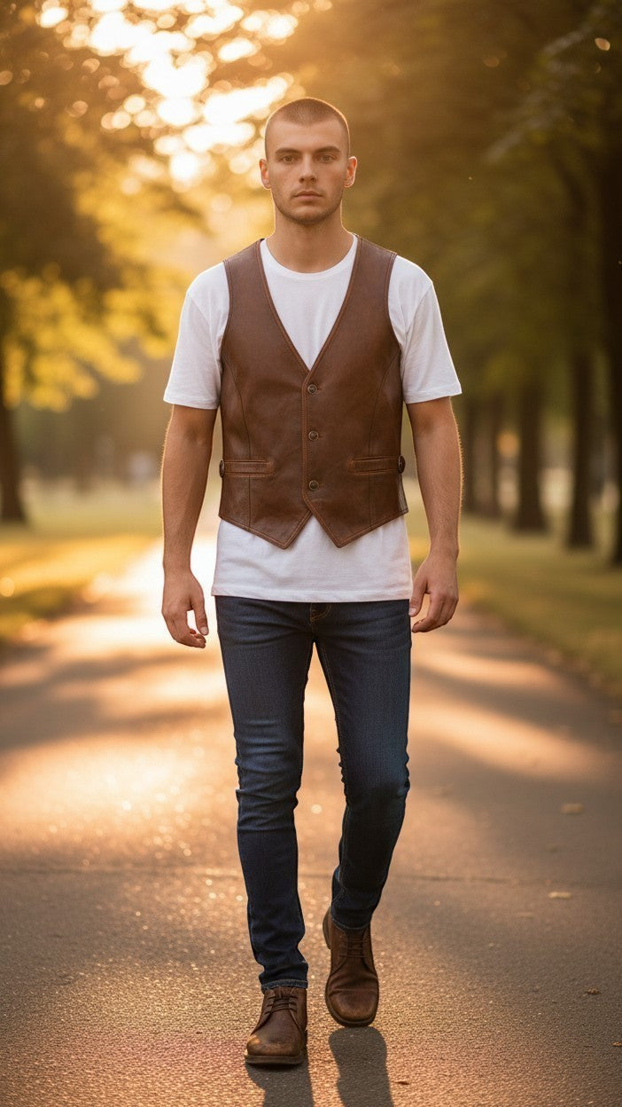 Scarlett Stitch Men's distressed brown leather vest with V-neck, button front, and flap pockets, worn over a white t-shirt.