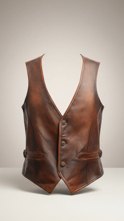 Scarlett Stitch Men's distressed brown leather V-neck button-front vest with flap pockets and adjustable side tabs.