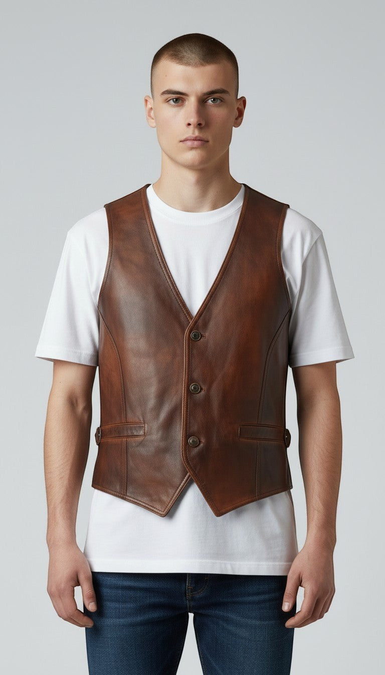 Scarlett Stitch Men's distressed brown leather vest with V-neck, button front, and flap pockets.