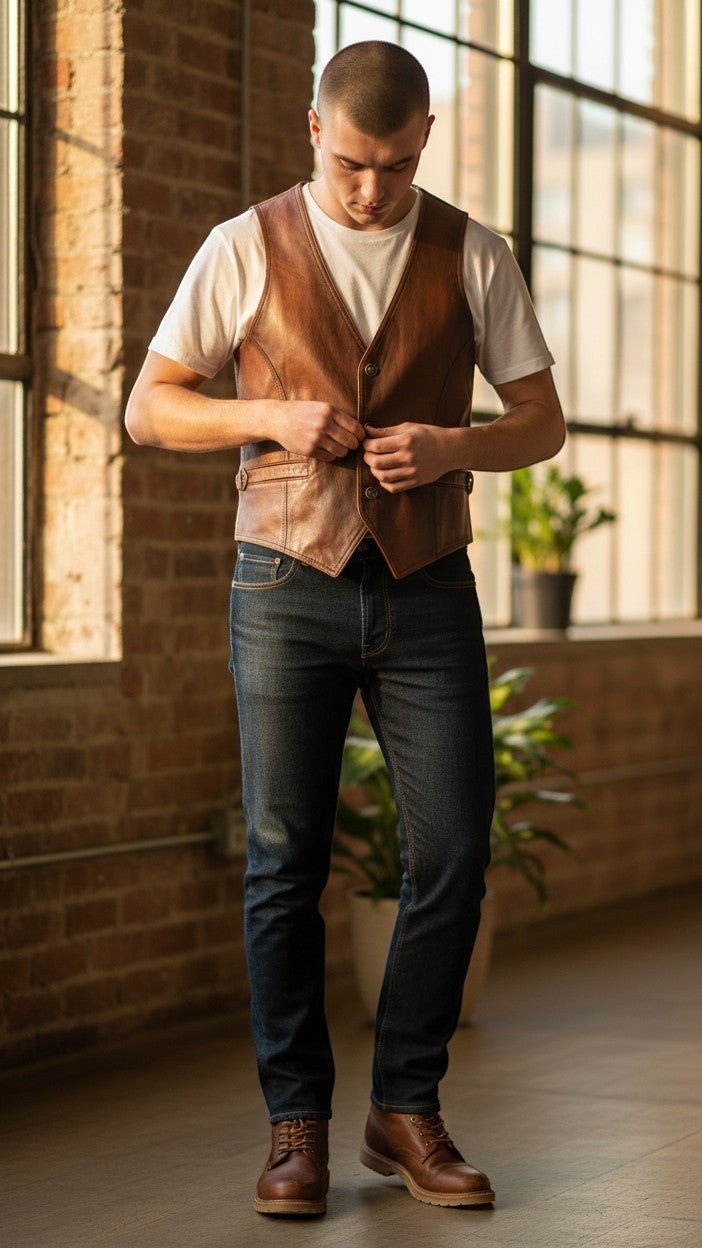 Scarlett Stitch Men's distressed brown leather vest with V-neck, button front, and flap pockets, worn over a white t-shirt.