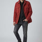 Scarlett Stitch Men's deep red cotton blend utility jacket with multiple pockets and button-down front.