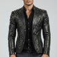 Scarlett Stitch black leather blazer for men with silver studs, notched lapel, and button closure on a male model.