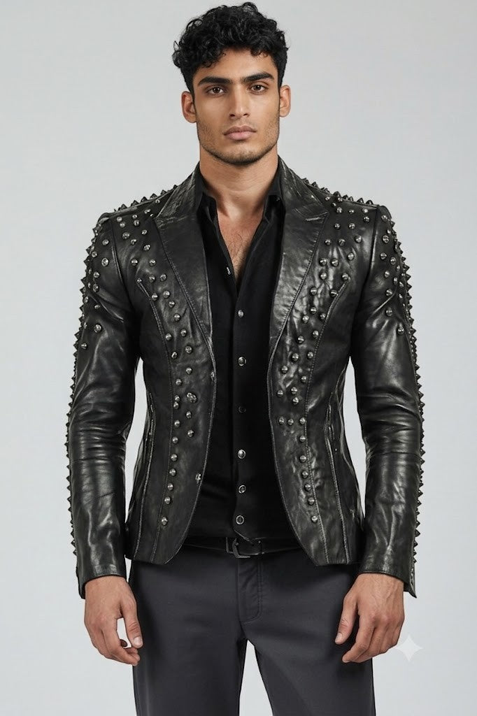 Scarlett Stitch black leather blazer for men with silver studs, notched lapel, and button closure on a male model.