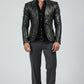 Scarlett Stitch black leather blazer for men with silver studs, notched lapel, and tailored fit on a male model.