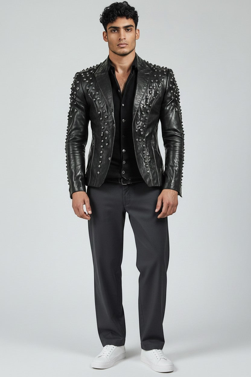 Scarlett Stitch black leather blazer for men with silver studs, notched lapel, and tailored fit on a male model.