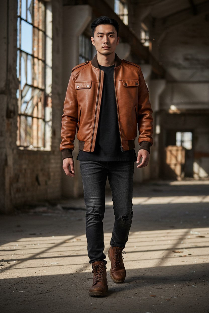 Scarlett Stitch Men's tan genuine leather bomber jacket with ribbed collar, cuffs, hem, zip front, and snap chest pockets.