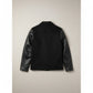 Scarlett Stitch men's black wool blend bomber jacket with faux leather sleeves and collar. Features zip front and welt pockets.