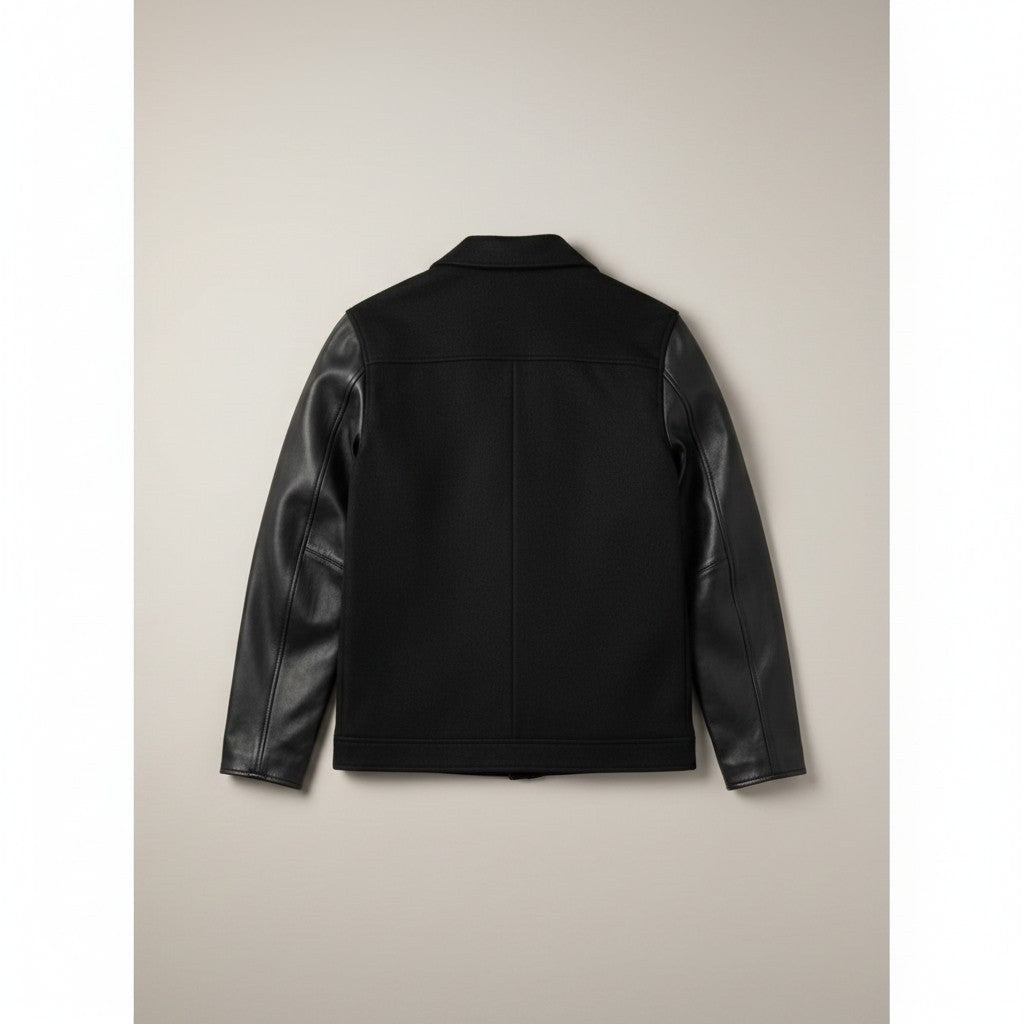 Scarlett Stitch men's black wool blend bomber jacket with faux leather sleeves and collar. Features zip front and welt pockets.