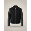 Scarlett Stitch Men's black wool blend bomber jacket with faux leather sleeves and zip front.