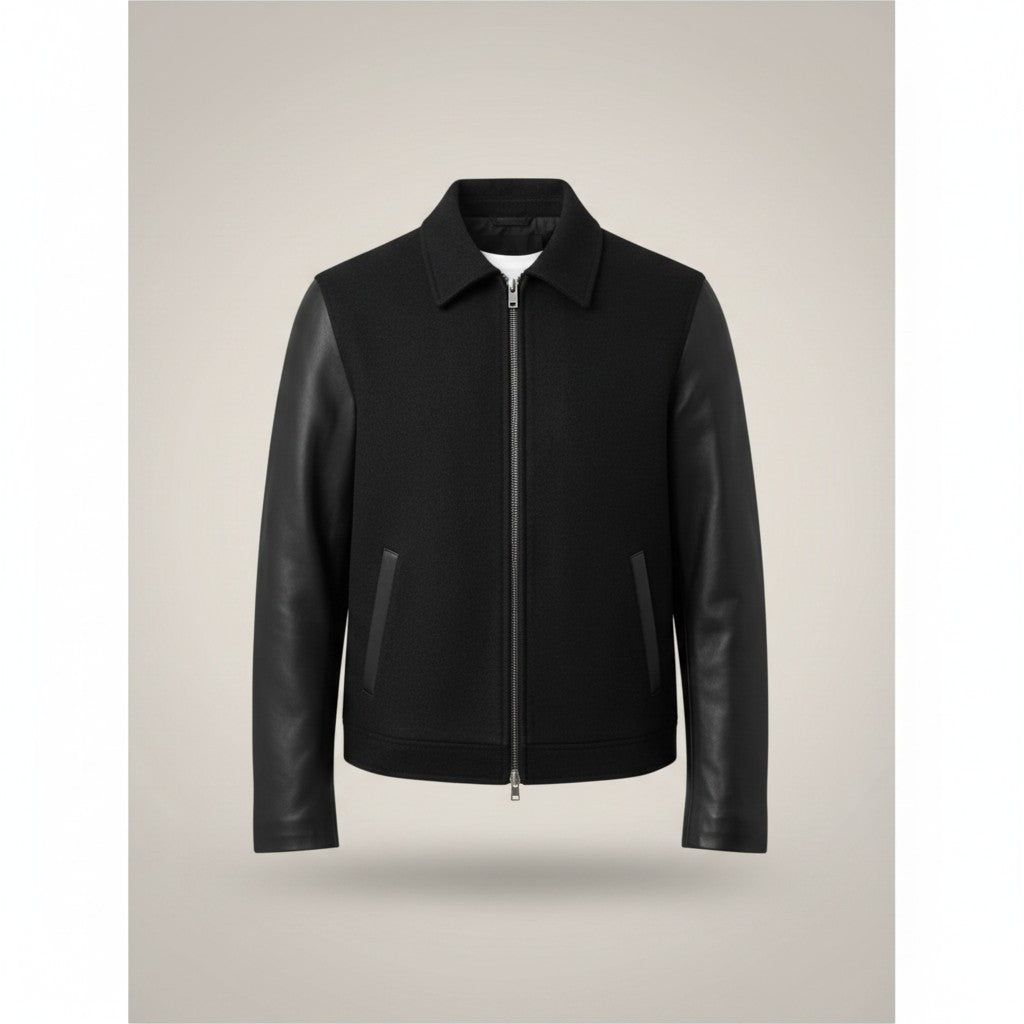 Scarlett Stitch Men's black wool blend bomber jacket with faux leather sleeves and zip front.